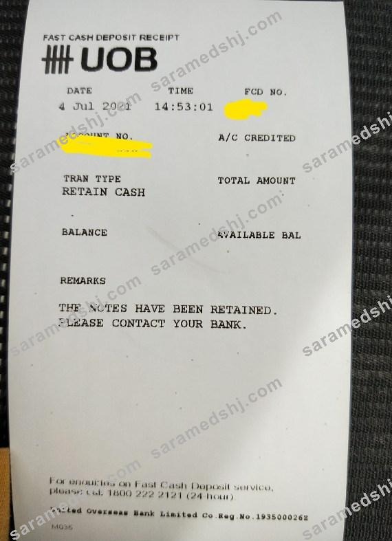 Singapore UOB bank deposit receipt